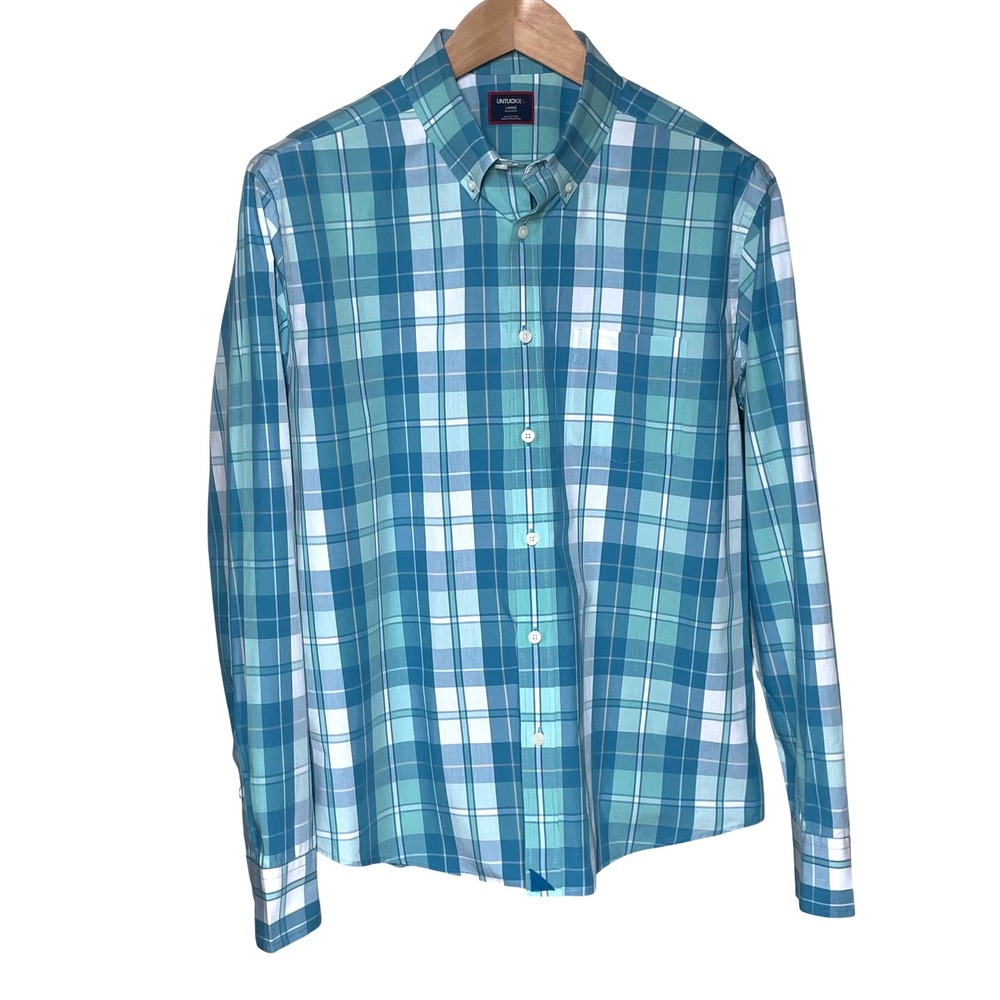 UNTUCKit Porter Plaid Button Down Shirt Men's Large Relaxed Fit Cotton Teal Blue